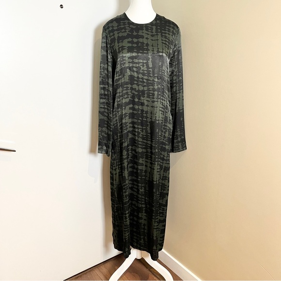 Zara Printed Satin‑Feel Viscose Midi Dress Olive Black Long Sleeve Pockets, Med. - Picture 4 of 17